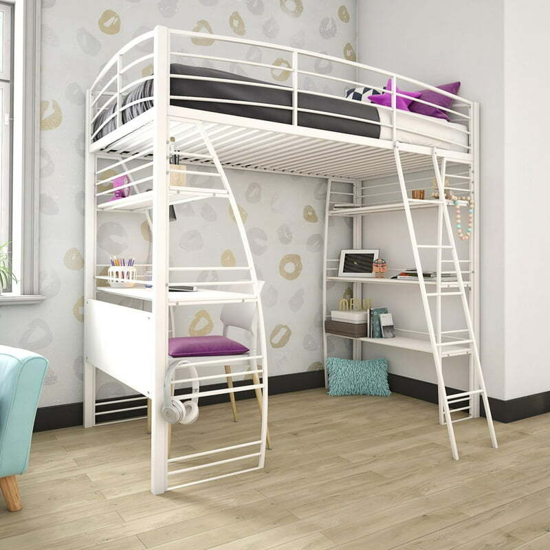 Studio Twin Metal Loft Bed with Integrated Desk and Shelves, Off White Cabinet Filing cabinet  drawer Filing cabinet