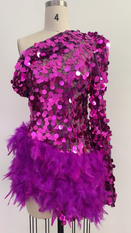 Robe de cocktail de luxe à manches longues, paillettes violettes, paillettes roses, robe de soirée initiée