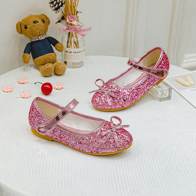 ULKNN 2023 New Girls Leather Shoes Pink Bowknot Princess 'shoes Sequins Kid's Flats Cuhk Children's Dance Shoes Size 24-37