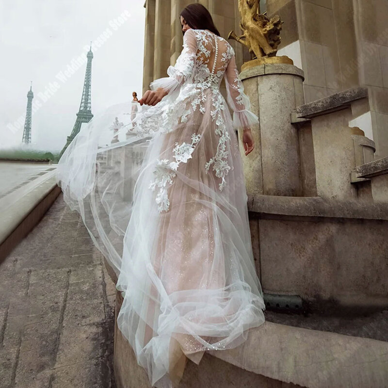 Gaun Tulle wanita tanpa lengan panjang gaun pernikahan stiker renda populer gaun pengantin putri permukaan cerah Boho gaun pengantin 2024