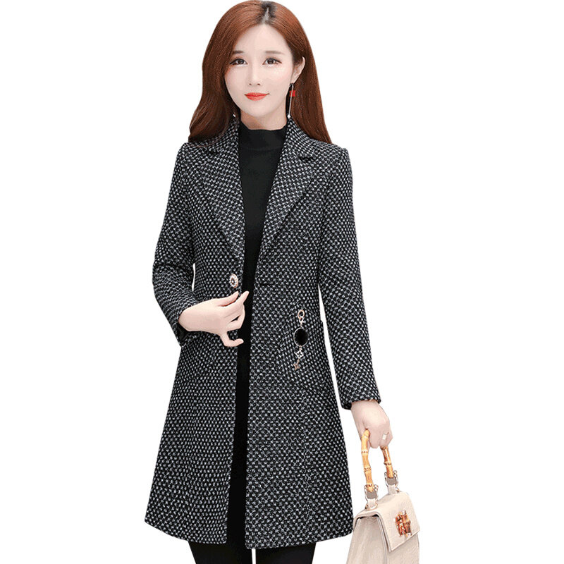 UHYTGF 2023 New Elegant Trench Coat Women Blazer Women Office Clothes Plaid Woolen Coat high quality Autumn Clothing Jacket 1381