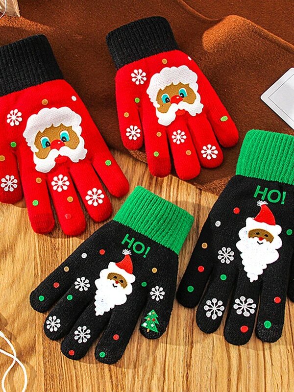 Рождественские вязаные перчатки с пальцами для взрослых и детей с принтом Санта Клауса теплые плотные перчатки для сенсорного экрана Новогодний подарок
