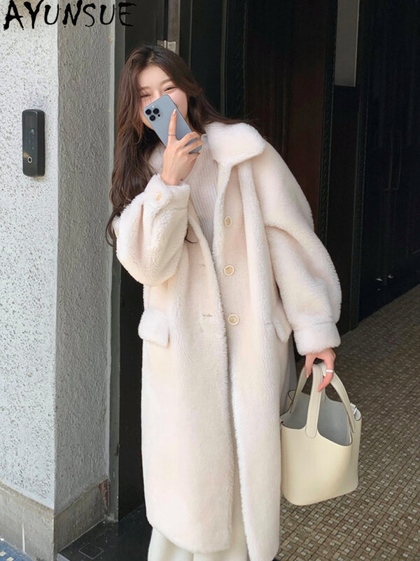 AYUNSUE, уличная куртка для стрижки овец для женщин 2023 осень-зима, длинные 100% шерстяные пальто, женское меховое пальто, женские куртки