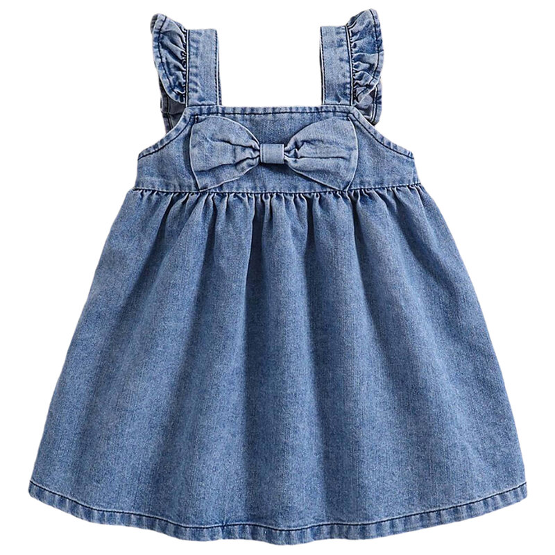 Baby Girls Denim Suspenders Dress for Summer Girl Bow Knot Soft Square Collar Flying Sleeve Casual A-line Dress Overall Dress
