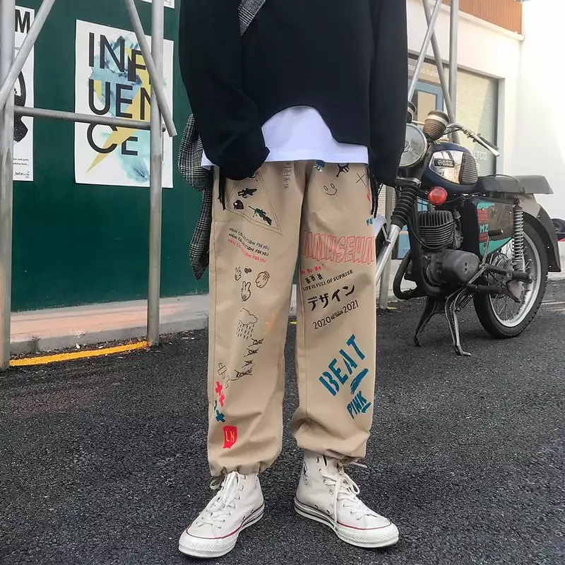 Hip hop casual pants graffiti print straight cropped High street loose leggings Long pants women Motorcycle streetwear y2k pants