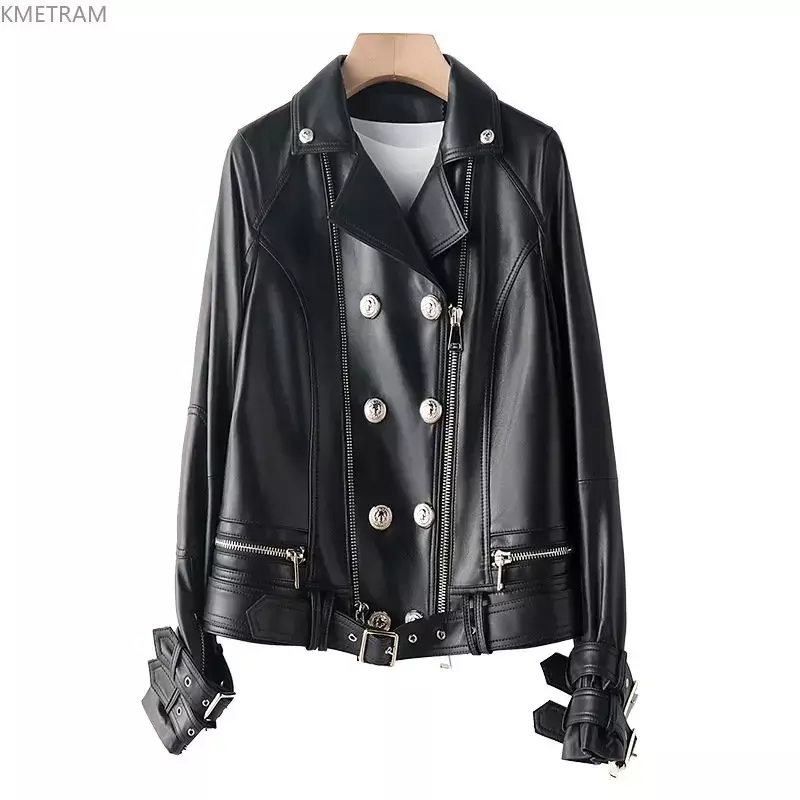 여성용 진짜 가죽 재킷, 2024 짧은 패션, 정품 양가죽 코트, 하이 스트리트, 여성 바이커 코트, SGG