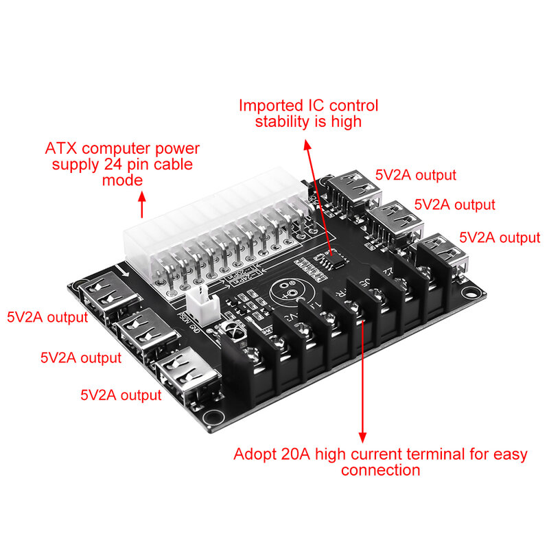 24 Pin ATX Power Supply Breakout Board dan Acrylic Case Kit Modul Adaptor Power Connector Support 3.3V/5V/12V 1.8V-10.8V(ADJ)