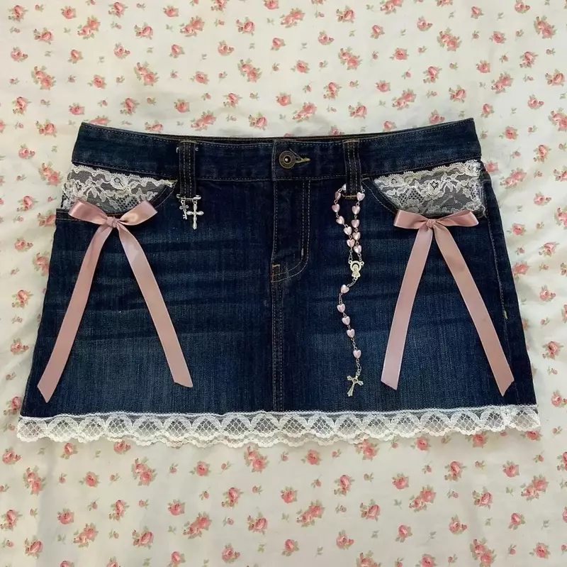 Mini jupe en jean plissée A-Line pour femme, dentelle gothique Harajuku, sexy, rétro, bleu, taille haute, mince, fille chaude, Y2K