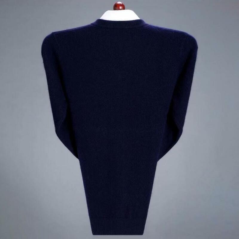 Camisola de malha de manga comprida com decote em v masculino, cor sólida, grossa, macia, elástica, comprimento médio, outono, inverno