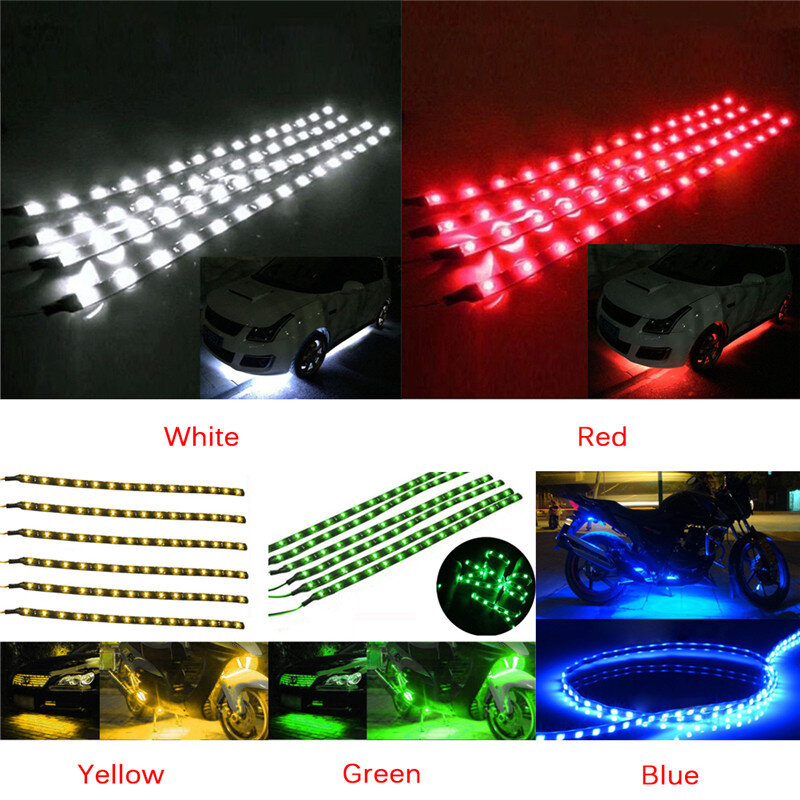 Impermeável LED Strip para carro e motocicleta, luz Underbody, DC 12V, 6PCs Flexível impermeável LED Strip, Luz Underbody, 15 LEDs, 6PCs