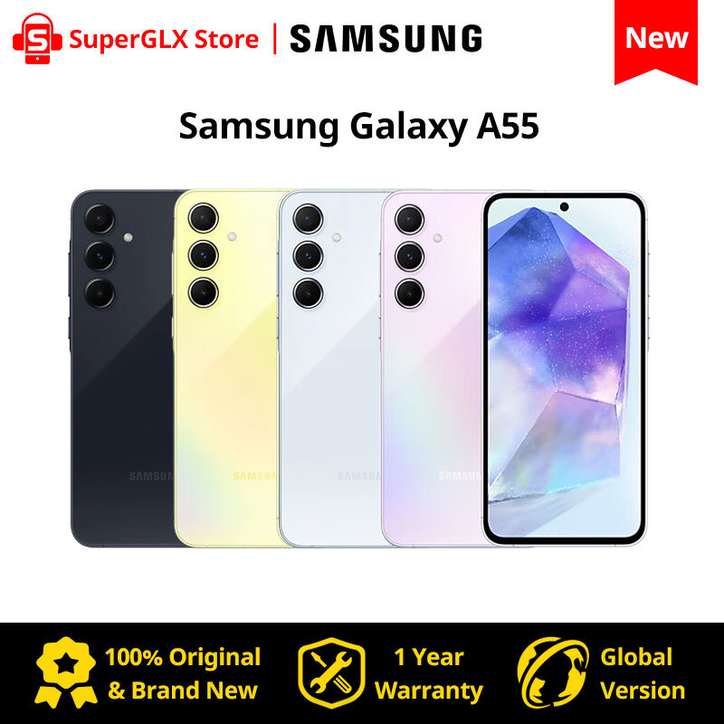 Samsung-Galaxy A55 5G Exynos 1480 6.6 "FHD Super AMOLED 120Hz Display, Câmera 50MP, 5000mAh, 25W Carregamento Rápido, 100% Original, Novo