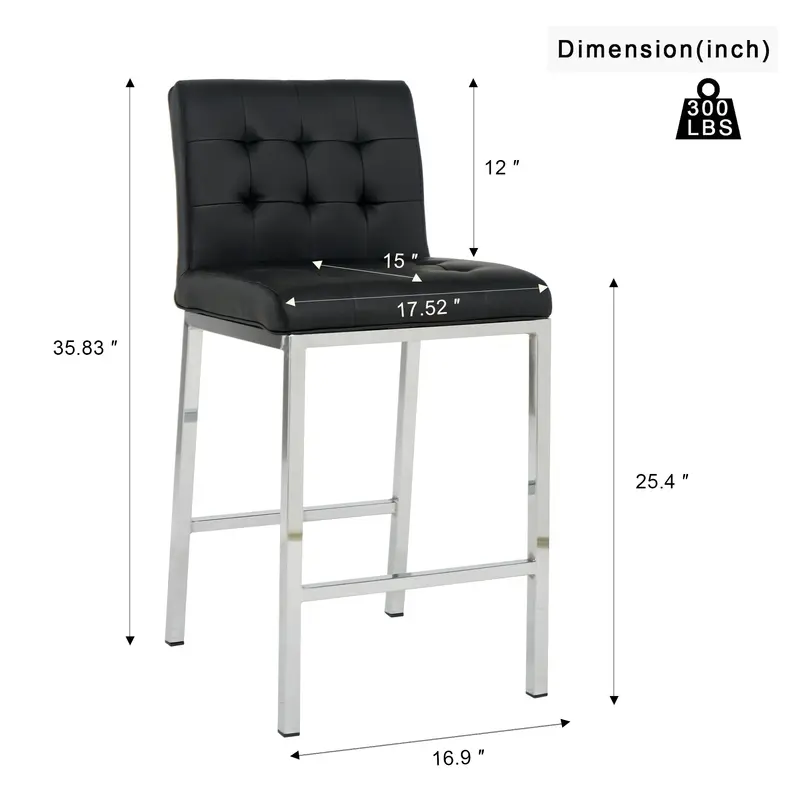 Galvanizado Leg High Counter Stool, Black PU Bar Chair, Design Moderno, Cozinha e Restaurante, Conjunto de 2