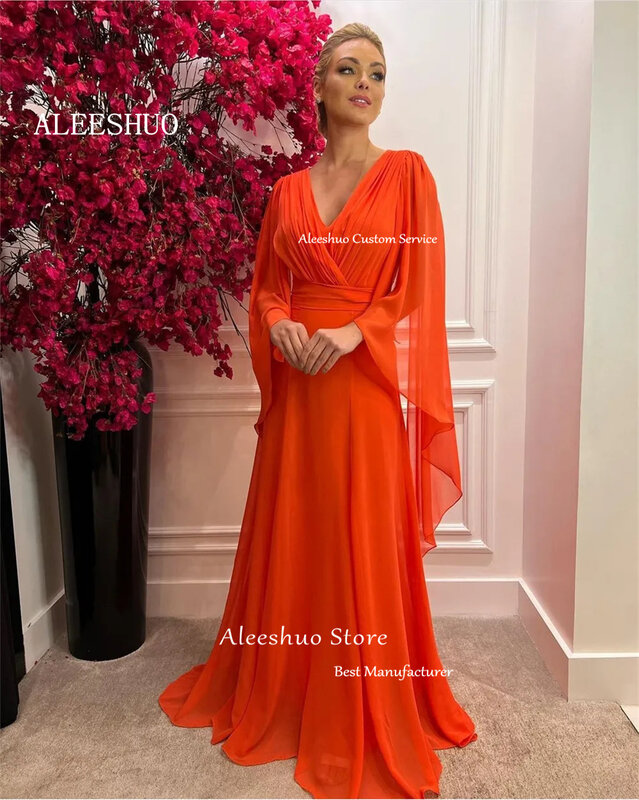 Aleeshuo Sexy Chiffon Cape Sleeve Red Backless Prom Dress 2024 Summer Light Party Dress V-neck Orange Vestidos De Noche