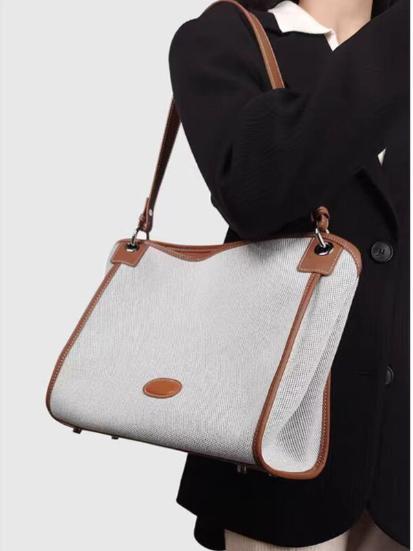 Bolso de hombro de lona y cuero genuino de gran capacidad para mujer, bolsa de compras con 2 correas, bolso de oficina de alta calidad, 2024