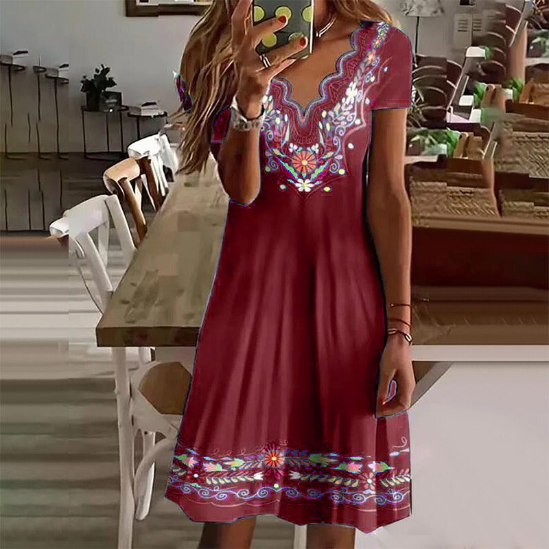Женский цветочный стиль, Женский Летний Мини Сарафан с V-образным вырезом и коротким рукавом, ретро платье с принтом, женская уличная одежда