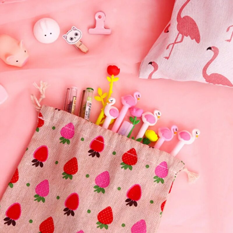 1 buah tas penyimpanan wanita Flamingo tas kolor buatan tangan katun Linen dompet koin kecil perjalanan wanita tas kain kecil kantung hadiah