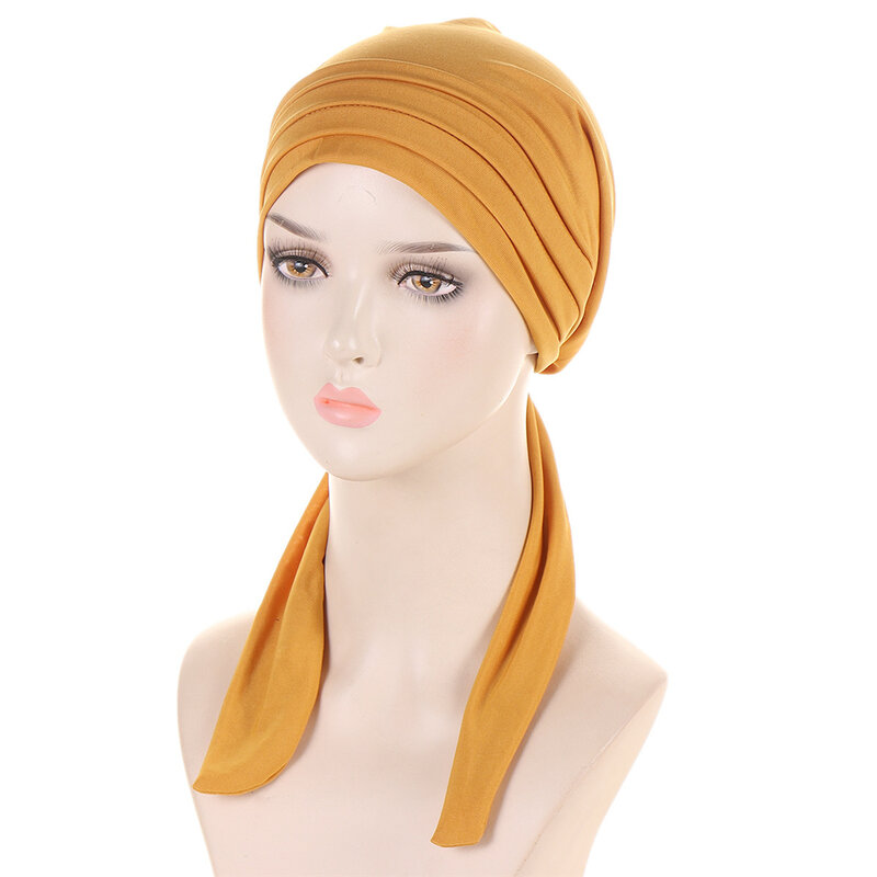 Stretch Solid Wrinkle Turbante para mulheres muçulmanas, Gorros Chemo Câncer Caps, lenço pré-amarrado, headwrap, acessórios chapeados para o cabelo, chapéu monocromático