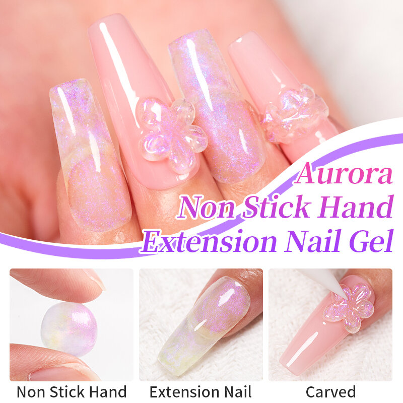 BOZLIN 15ML Aurora Non Stick Hand Extension Nail Gel 3D UV Aurora Glitter  Nude Pink White Extension Gel Nail Art Shaping