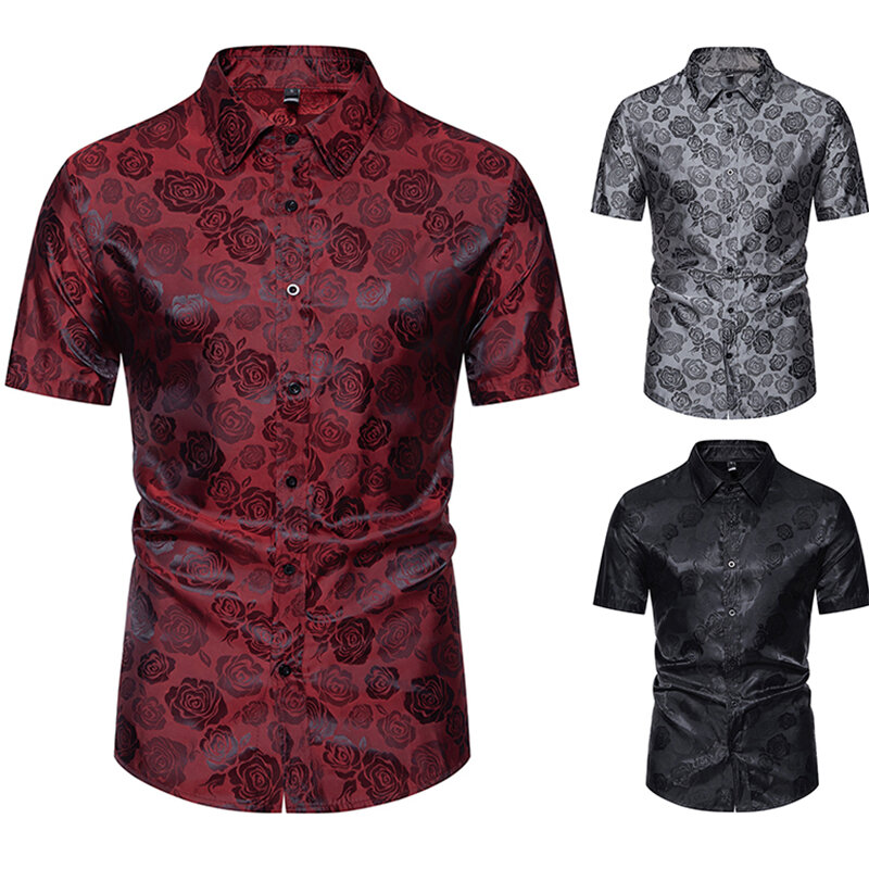 Summer New Men's Short-sleeved Shirt Fashion Button Rose Print Casual Short-sleeved Shirt
