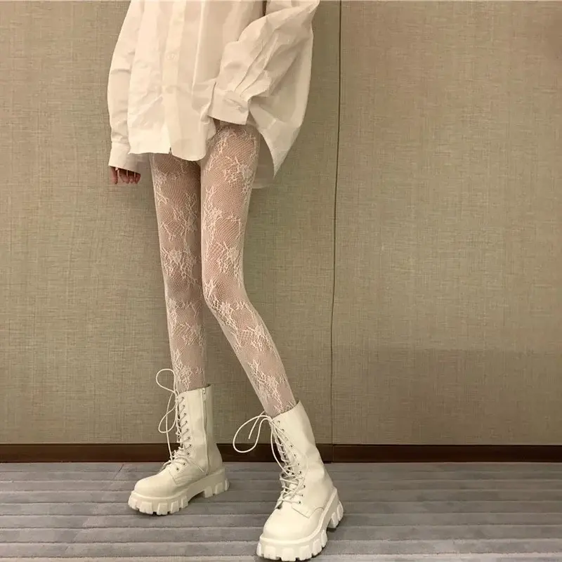 Meias japonesas de malha para mulheres, meia-calça branca, legging feminina, coração e flores, calças justas Lolita Ins, verão