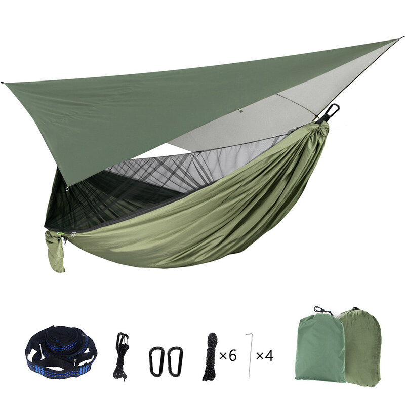 Rede de acampamento portátil do mosquito náilon hammock com lona impermeável do dossel da mosca da chuva para a cama de suspensão ao ar livre dormir