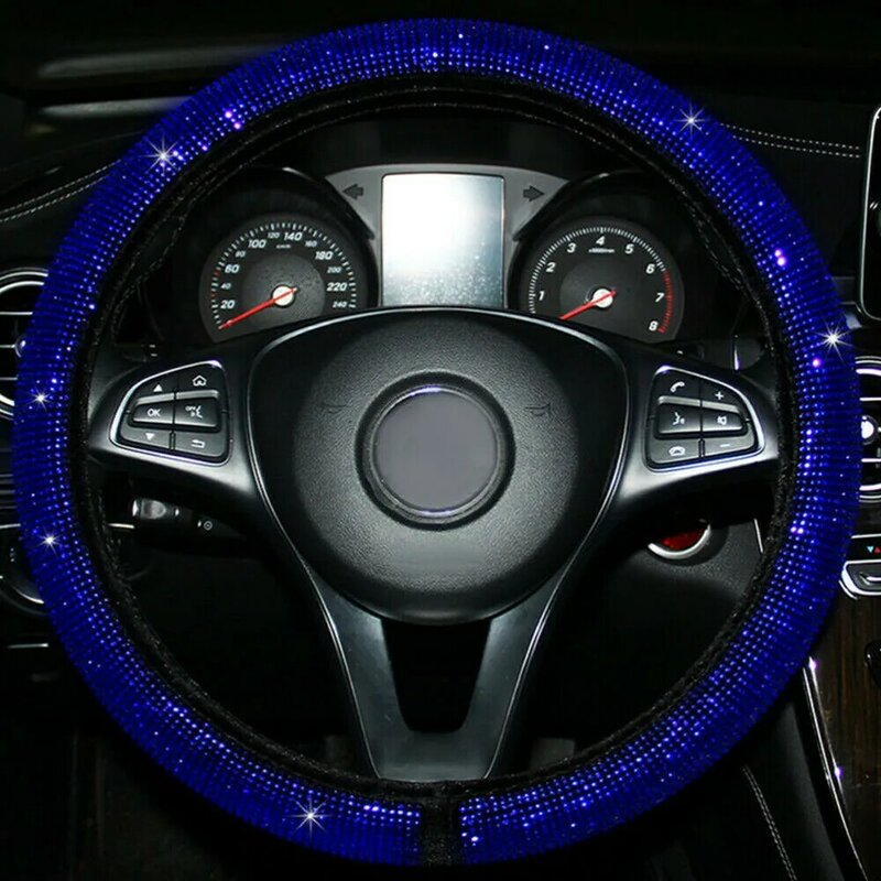 Funda de coche con diamantes de imitación, protector de volante de felpa negra y azul, actualización Universal, accesorios de cristal duraderos, 1 unidad