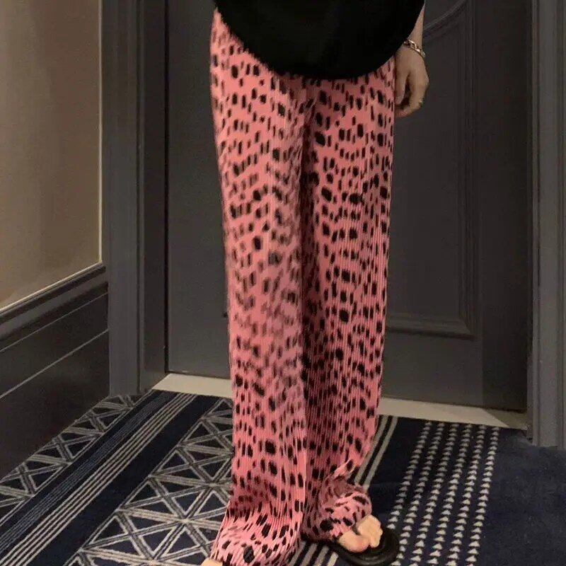 Pantaloni Casual da donna con stampa leopardata rosa con Design plissettato gambe dritte e larghe che dimagriscono e trascinano il pavimento