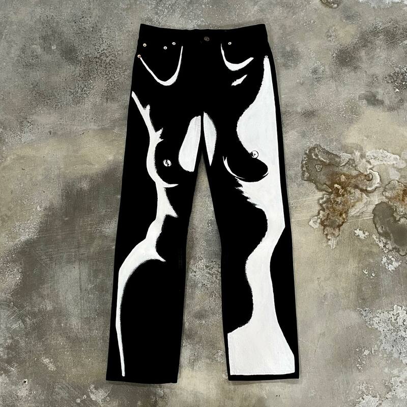 Jeans Harajuku de perna larga para homens e mulheres, gráfico corporal preto e branco, calças largas Y2K, jeans de cintura alta, streetwear, 2024