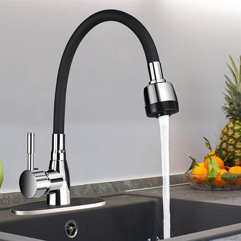 Grifo Flexible giratorio para lavabo de cocina, mezclador de agua fría y caliente de un solo Mango, pulido, cromado, negro, 360