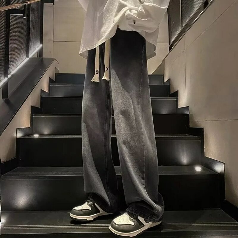 Calça jeans gradiente de pernas largas masculina, calça solta, tendência retrô, senso de design, casual, menino, verão, nova moda, modelos, 2024