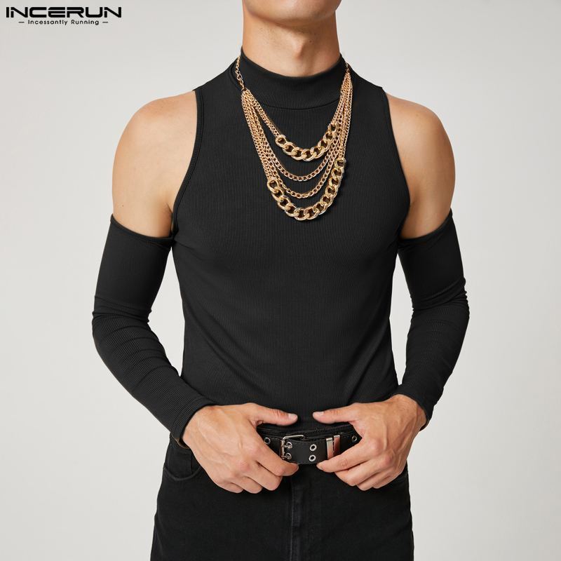 INCERUN-Camiseta de cuello alto para hombre, camisa de manga larga con hombros descubiertos, informal, calada, Sexy, 2023