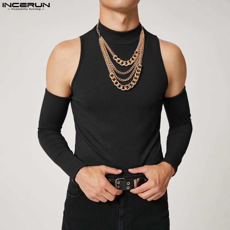 INCERUN Men T Shirt Solid Color Turtleneck Long Sleeve Off Shoulder Casual Camisetas 2023 Hollow Out Streetwear Sexy Crop Tops