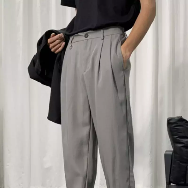 Nowe męskie spodnie elastyczne Slim Fit biurowe średnio wysoka talia klasyczne spodnie Casual