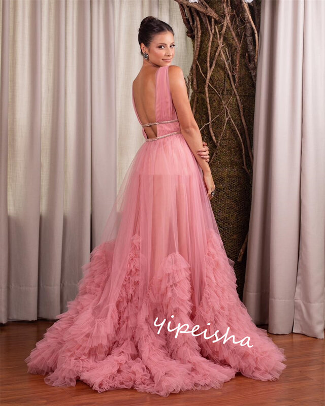 Tulle Draped Pleat Clubbing Ball Gown V-neck Bespoke Occasion Gown Long Dresses