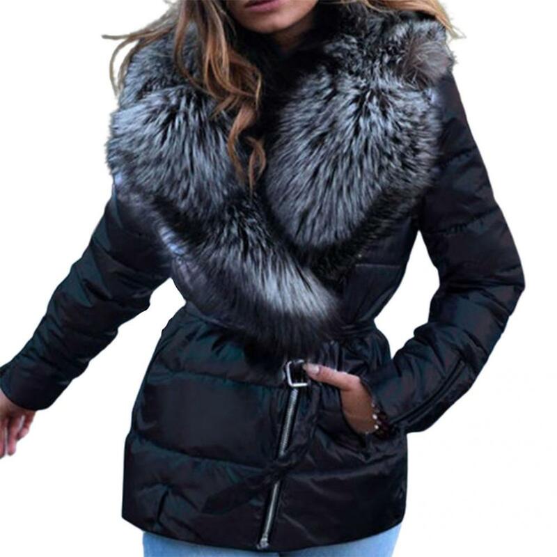 Jaket kerah bulu palsu wanita, mantel katun Puffer dengan tekstur lembut, jaket termal kasual UNTUK LIBURAN