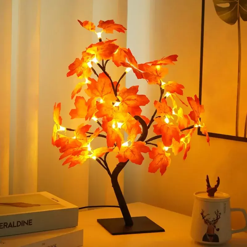 24 lampki stołowe z bajkowymi drzewo kwiatowe LED z liśćmi klonu na lampka nocna z USB prezenty na wesele