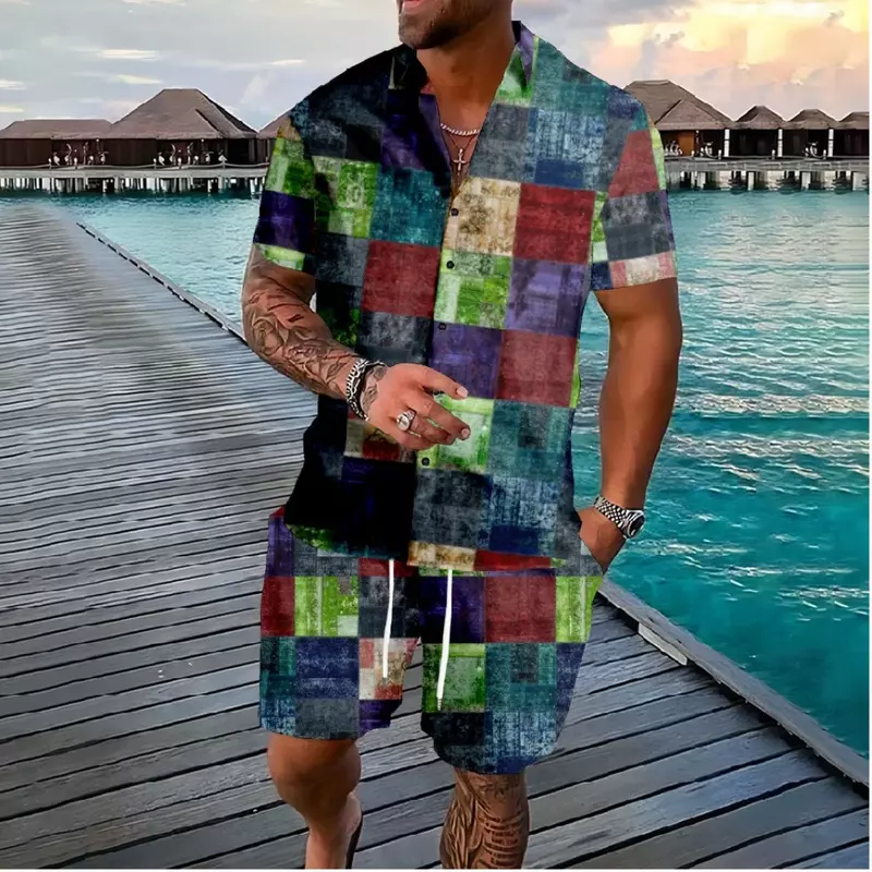 Camiseta hawaiana con botones Punk para hombre, chándales cortos, conjuntos de trajes de Color, ropa de calle Hipster, ropa informal de playa