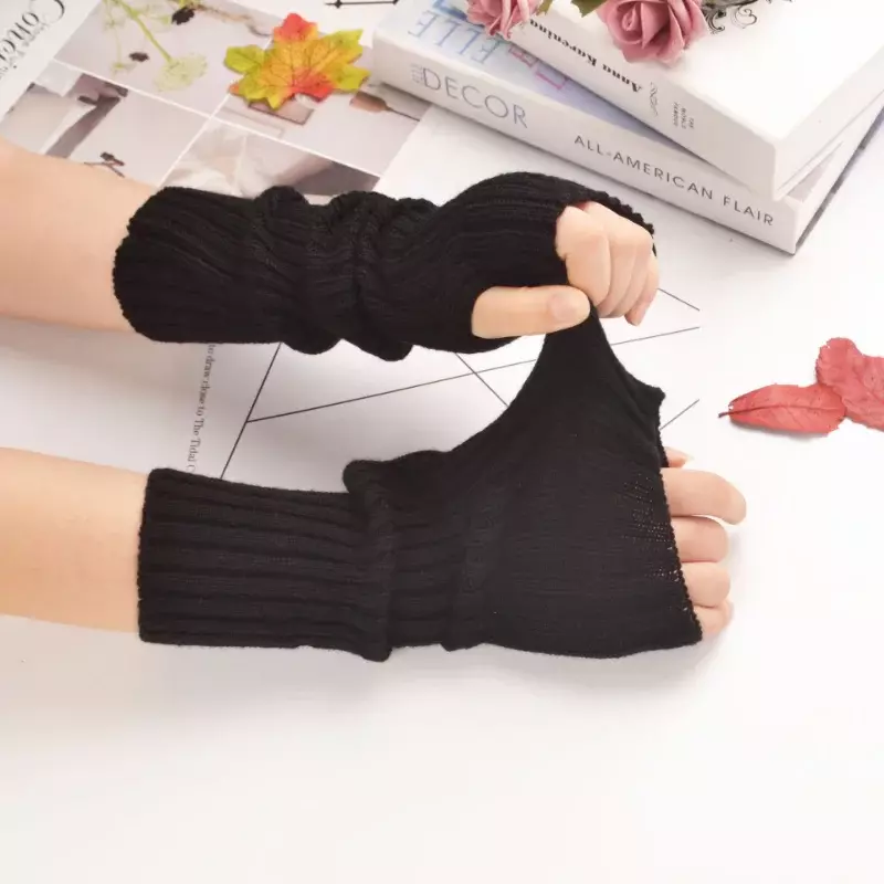 Rękawice bez palców damskie Anime damskie rękawiczki z dzianiny ocieplacze zimowe japońskie gotycka rękawy nadgarstkowe kostki Harajuku Y2k