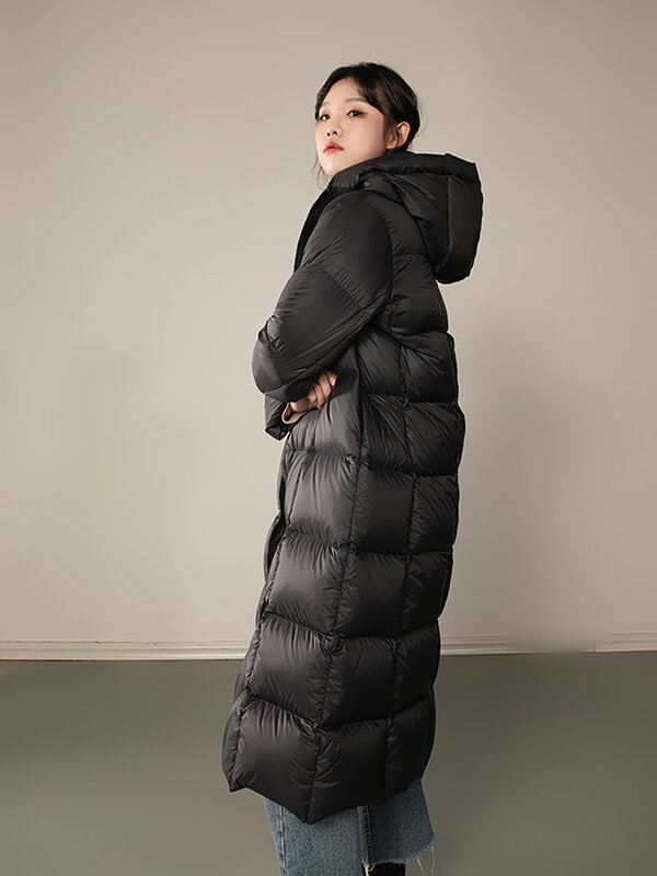 Vrouwen Gecontroleerd Hooded Down Jassen Winter Fashion Dik Warm Wit Duck Down Jassen Solid Lange Parka Vrouwelijke Bovenkleding