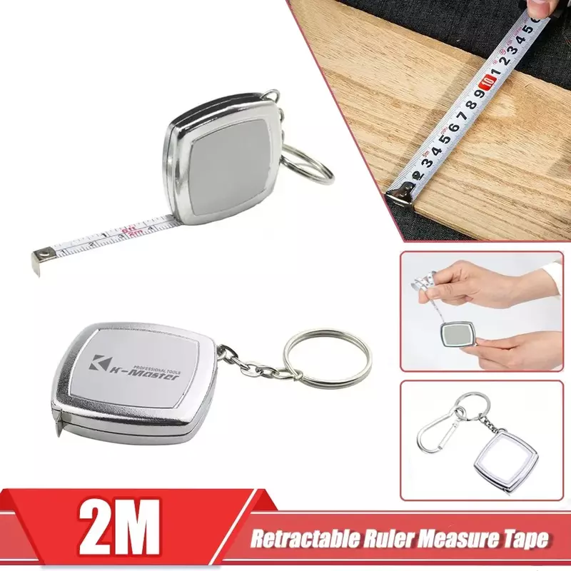 Fita métrica de aço pequena, mini bolso, portátil, compacta, leve ao redor, chaveiro, 2 medidores