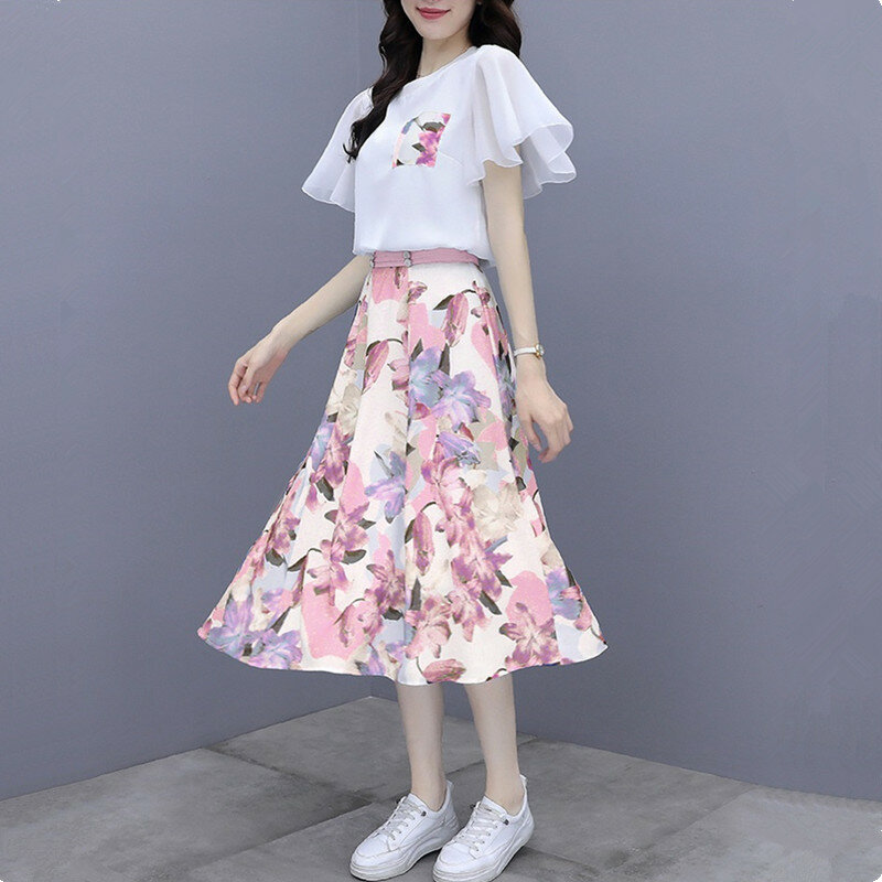 Uhytgf Vrouwen Pak Zomer Twee-Delige Set Vrouwelijke Koreaanse Mode Chiffon Print T-shirt + Rok Hoge Taille Een lijn Rok Set Dames 72