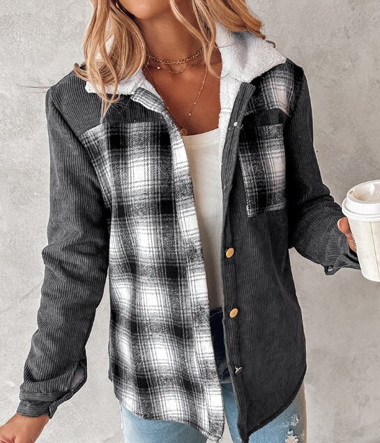 Autumn and Winter Fashion Polo Collar Contrasting Colors Cardigan Jacket Checkered Patchwork Corduroy Contrasting Cotton Jacket
