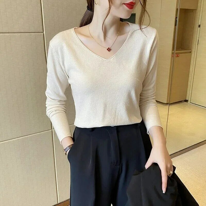 Suéter de punto de manga larga con cuello en V para mujer, Jersey ajustado, cálido, moda coreana, otoño e invierno, 2023