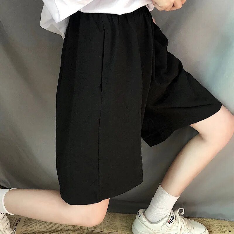 ฤดูร้อนกางเกงขาสั้นสีเทาแฟชั่นสำหรับผู้หญิงสุภาพสตรีสุภาพสตรียืดหยุ่นเอวกางเกงสูงเอว Streetwear ขากว้าง Oversize Unisex สั้น