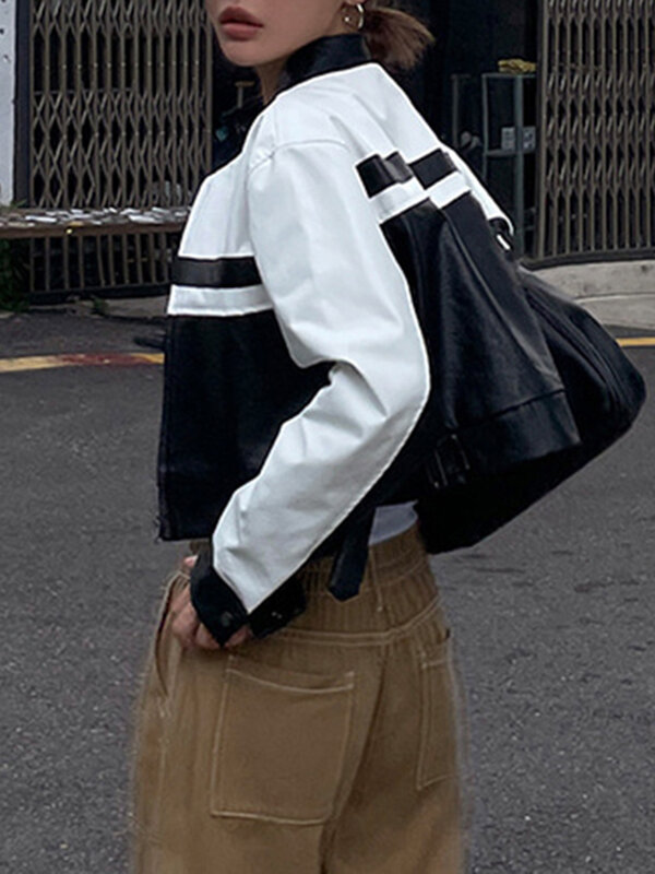 SuchCute-女性用の黒と白のレザージャケット,韓国のストリートウェア,ポリウレタンのジャケット,ジップアップ,y2kトップ,エレガントな亜鉛メッキ,新しいアウターウェア