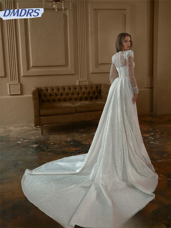 Charmoso vestido de noiva de mangas compridas, luxuoso vestido de casamento apliqué romântico vestido de tule até o chão, 2022