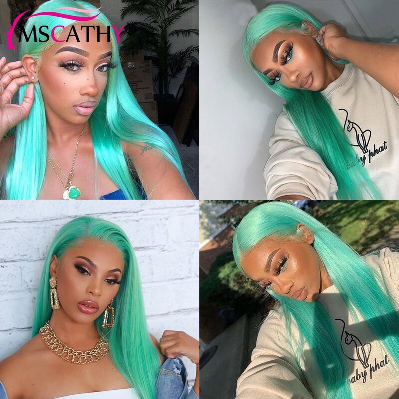 Mint Green 13x4 Transparent HD Lace Front Wigs Straight Human Hair Wigs 150% Density Brazilian Virgin Human Hair Wigs 22 Inch