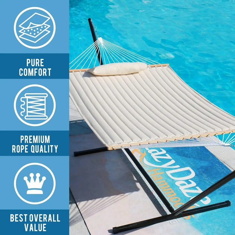 Lazy Daze 12 FT Double Quilted Fabric Hammock with Spreader Bars and Detachable Pillow, 2 Person Hammock for Outdoor Patio
