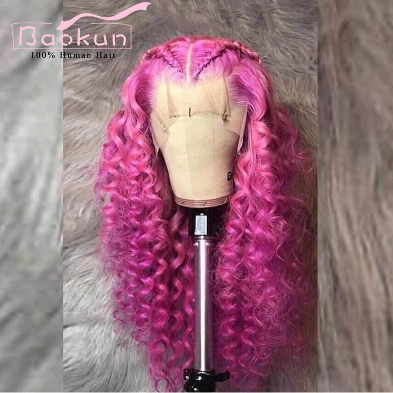 13x4 cor-de-rosa quente encaracolado peruca do cabelo humano pré arrancado 13x6 hd laço frontal peruca brasileira virgem onda profunda frente do laço perucas de cabelo humano