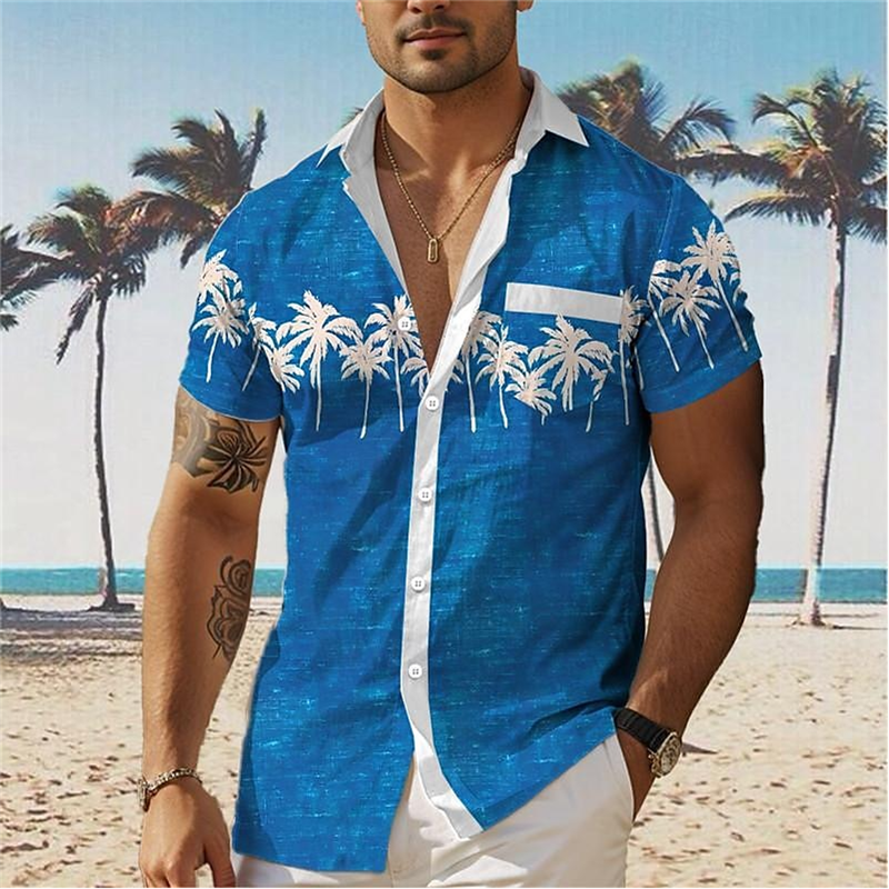 남성용 하와이안 셔츠, 코코넛 트리 패턴 프린트, 반팔 단추 업 의류, 캐주얼 비치 셔츠, 패션
